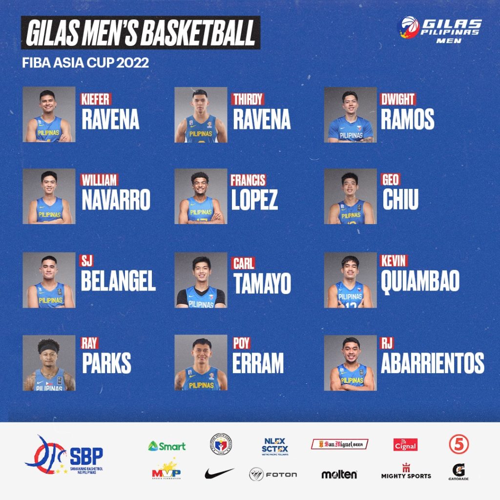 May be an image of 12 people and text that says 'GILAS MEN'S BASKETBALL FIBA FIBAASIA ASIA CUP 2022 GILAS MEN KIEFER RAVENA PLIFHAS THIRDY RAVENA PLPNAS DWIGHT RAMOS PLIPINAS WILLIAM NAVARRO LIPIHAS FRANCIS LOPEZ PILFIAS GEO CHIU PIFKAS SJ BELANGEL PILIPNAS CARL TAMAYO PLIPINAS PLIPINIS KEVIN QUIAMBAO RAY PARKS ILIPINAS POY ERRAM PLIPNAS RJ ABARRIENTOS LIPNAS Smart SBP ข NLEX SCTEX 泉品 ignel Cignal FOTON 5 melten MIGHTYSPORTS PORTS MIGHT E CANCARDE'