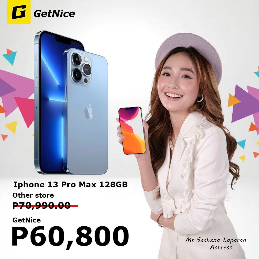 May be an image of 1 person, phone and text that says 'GetNice Iphone 13 Pro Max 128GB Other store P70,990.00 GetNice P60,800 Ms.Sachzna Ms-SachznaLaparan Laparan Actress'